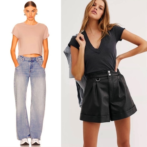 FREE PEOPLE 90s 2 Pc Set Short Sleeve Crop Perfect Tee & V-Neck Sun Valley Tee S - Picture 1 of 12